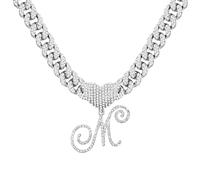 Cursive Silver Initial Pendant Necklaces Alphabet Pendant Miami Cuban Link Chain Necklace for women Hip Hop Iced Out Letter Chain with Pendant Jewelry Gift… (Cuban Link Chain M)
