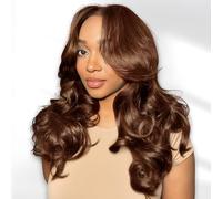 Curtain Bangs Face-Framing Layered Chocolate Brown 6x6 Pre Cut Lace Loose Wave Perruque Humain Sans Colle 200% Densité Perruque Femme Glueless Wig Human Hair Frange Pre Plucked 22 Pouces