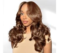 Curtain Bangs Face-Framing Layered Light Brown 6x6 Pre Cut Lace Loose Wave Perruque Humain Sans Colle 200% Densité Perruque Femme Glueless Wig Human Hair Frange Pre Plucked 16 Pouces