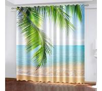 Curtains for Kitchen Windows, Rideaux Cuisine Bleu Vert Jaune Paysage de Plage et de Feuilles de Palmier Polyester 2 Panneaux 204x138cm