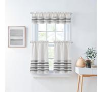 Curtainworks Lot de 3 Rideaux de Cuisine avec cantonnière filtrant la lumière, Rayures tissées mondiales, 71 x 91 cm, cantonnière de 142 x 35 cm (l x L), Rayures Blanches et Bleu Marine