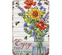 Curteny Plaque décorative vintage en métal avec inscription « Enjoy The Little Things Bees and Flowers » - Pour pub, club, café, bar, maison - 14 x 20 cm