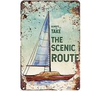 Curteny Plaque décorative vintage en métal motif voilier mer toujours prendre la route panoramique - Poster vintage pour pub, club, bar, restaurant, café, bar - 20,3 x 30,5 cm
