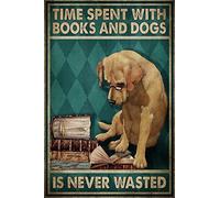 Curteny Plaque en métal vintage Golden Retriever Reading Book - Time Spent with Books and Dogs is Never Wasted Print Poster Home & Living Home Decor Wall Poster Plaque 14 x 20 cm