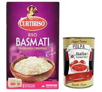 Curtiriso Riso Basmati,Orientalischer Duft,Ideal für Gerichte mit Fleisch, Fisch und Gemüse,Kochzeit 10 Minuten,Packung mit 1Kg + Italian Gourmet Polpa di Pomodoro 400g Dose