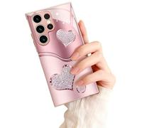 Curve Double Heart Hard Case for Samsung, Curved Double Heart Pink Tempered Glass Phone Case, for Samsung 21-25 Series (Galaxy S21 FE)