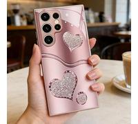 Curve Double Heart Hard Case for Samsung S25/S24/S23/S22/S21 Series, Sparkling Full Coverage Tempered Glass Protective Cases (Pink,S25 Edge)