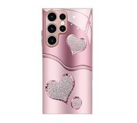 Curve Double Heart Hard Case for Samsung, Sparkling Heart Hard Phone Case for Samsung 26/25/24/23/22/21 Series Full-Coverage Tempered Glass (Pink,S25 Edge)