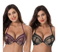 Curve Muse aux Femmes Grande Taille Ajouter 1 Tasse Push up À Armatures Licou Devant Fermer Soutien-Gorge-Paquet de 2-Noir,du Vin-95E