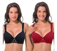 Curve Muse Aux Femmes Légèrement Rembourré Armature Soutien-Gorge en Dentelle avec rembourré Bretelles-Paquet de 2-Noir, du Vin-120C