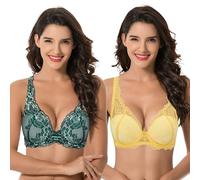 Curve Muse Femme Grande Taille avec Armature Augmentation d'1+ Bonnet Effet Push Up en Maille en Dentelle Soutien-Gorge-Paquet de 2-Teal,Mimosa-100E