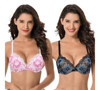 Curve Muse Femme Grande Taille Couverture complète Légèrement rembourré Armature Dentelle Soutien-Gorge-Paquet De 2-Noir/Bleu,Crème/Fuchsia-125F