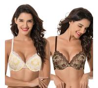 Curve Muse Femme Grande Taille Couverture complète Légèrement rembourré Armature Dentelle Soutien-Gorge-Paquet De 2-Crème/Doré,Marron/Jaune-125F