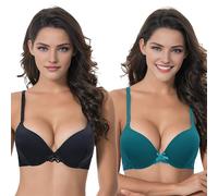 Curve Muse Femmes Grande Taille Faire Monter Ajouter 1 Tasse Armature Parfait Forme Soutien-Gorge Tshirt-Paquet de 2-Sarcelle,Noir-105C(EU:90C)