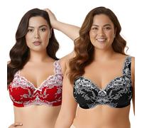 Curve Muse Femmes Grande Taille Minimizer Non doublé sans Fil Dentelle Soutiens-Gorge à Couverture Totale-Paquet de 2-Black,Red-125F/EU 110F