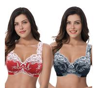 Curve Muse Femmes Grande Taille Minimizer Non doublé sans Fil Dentelle Soutiens-Gorge à Couverture Totale-Paquet de 2-Black,Red-125C/EU 110C