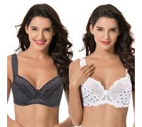 Curve Muse Grande Taille Non doublé À Armatures Soutien-Gorge en Dentelle avec rembourré Épaule Sangles - Paquet de 2-Cream Print,Dark Gray-95C