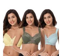 Curve Muse Grande Taille Non doublé Minimiseur Soutiens-Gorge sans Fil avec Dentelle brodée-Paquet de 3-Yellow,Light Blue,Hunter Green-115G/EU 100G