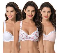 Curve Muse Lot de 2 ou 3 soutiens-gorge à balconnet non doublés en coton pour femme, Imprimé blanc, rose, blanc (lot de 3), 100C