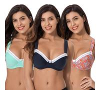 Curve Muse - Soutien-Gorge à Armatures Grande Taille pour Femmes, Non doublé, Soutien-Gorge Balconnet en Coton avec - Paquet de 3-Marine,Vert Lt,Imprimé Orange-105E