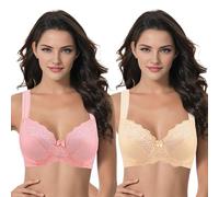 Curve Muse - Soutien-Gorge Grande Taille Balconnet avec Armatures avec Bretelles Matelassées et Dentelle - Pack de 2-Imprimé Rose, Chair-90D