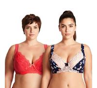Curve Muse - Soutien-Gorge Grande Taille Balconnet avec Armatures avec Bretelles Matelassées et Dentelle - Pack de 2-Black Print,Rose-105F