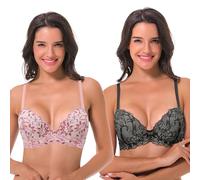 Curve Muse Soutien-Gorge Push-up Taille Plus à Armatures pour Femmes Ajouter 1 Bonnet et Demi en Dentelle-Paquet de 2-Blanc/Rouge,Noir/Gris-95D