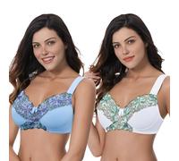 Curve Muse Soutien-Gorge sans Fil sans Doublure Taille Plus pour Femmes avec Dentelle brodée-Paquet de 2-Babeurre,Sérénité-105E-V2