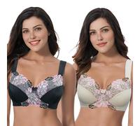 Curve Muse Soutien-Gorge sans Fil sans Doublure Taille Plus pour Femmes avec Dentelle brodée-Paquet de 2-Black,Nude-100C