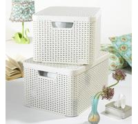 CURVER Boîte de Rangement Style 30L - Aspect Rotin Texturé - Pour Chambre, Salon, Salle de Bain, Buanderie - 44,5x33x24,8 cm - Ivoire - 70 % Recyclé