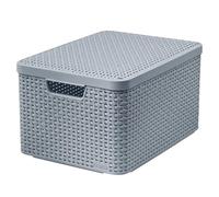 Curver Boîte de rangement style rotin avec couvercle, panier de rangement, en plastique, fabriquée en matériau recyclé d'au moins 70 % (gris clair, L : 44,5 x 33 x 24,8 cm)