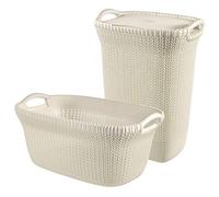 Curver Coffre à Linge 57L et Panier à Linge 40L, Aspect Tricot - Bac à Linge Sale avec Couvercle - Bonne Aération - Poignées Ergonomiques - pour Salle de Bain ou Buanderie - Blanc