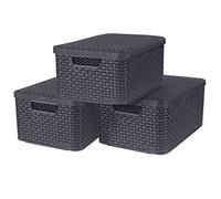 CURVER Lot de 3 Boîtes avec Couvercle - 3 Caisses (3*18L) avec un Design Rotin Tressé pour Salle de Bain, Chambre, Bureau - Poignées Ergonomiques - Gris foncé