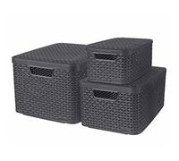 Curver Lot de 3 Boîtes avec Couvercle - 3 Caisses (6L+18L+30L) avec Un Design Rotin Tressé pour Salle de Bain, Chambre, Bureau - Poignées Ergonomiques - Gris foncé