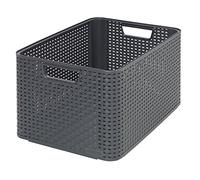 Curver Panier de Rangement Style 30L - Aspect Rotin Texturé - pour Chambre, Salon, Salle de Bain, Buanderie - 44,5x33x24,8 cm - Anthracite - 70% Recyclé