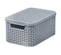 Curver Rattan Style Boîte de rangement avec couvercle, panier de rangement, en plastique, fabriquée en matériau recyclé d'au moins 70 % (gris clair, S : 28,5 x 19,4 x 13 cm)