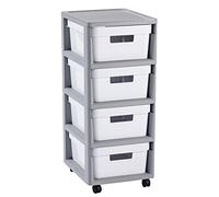 CURVER | Tour de rangement Infinity (4x11L), Structure Gris / Tiroirs Blanc, 36 x 29,5 x 65,5 cm, Plastique recyclé