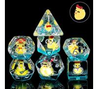Cusdie Lot de 7 dés de DND en résine transparente avec motif, pour amateurs de jeux de société, cadeaux et collectionneurs, pochette en velours (canard jaune avec nœud papillon)