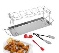 Cushangty Porte-Pilons de Poulet pour Grill | Support De 12 Places pour Ailes avec Bac Récupérateur De Graisse - Support De Rôtissoire avec Pinceau À Huile Et Pinces pour Cuisine Jardin Pique-Nique