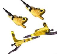 Cushteg Kit de frein à disque hydraulique à 4 pistons pour vélos de route et VTT, construction en alliage d'aluminium, tuyaux d'huile 800 mm/1450 mm, pour systèmes à disque de vélo (doré)