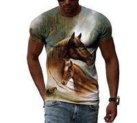 CUSMA T-Shirt décontracté à col Ras du Cou imprimé en 3D, Hommes et Femmes, avec Motif Cheval de Couleur Marron