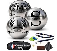 Custamix Boule de Pétanque Personnalisée 720g - Triplette avec Accessoires (Cochonnet, Sacoche, Mesureur) - Idée Cadeau pour Fête des Pères et Mères, Retraite, Anniversaire