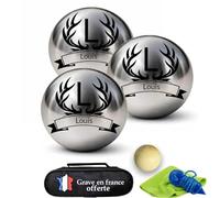 Custamix Boule de Pétanque Personnalisée 720g Triplette avec Cochonnet Petanque, Sacoche Boule Petanque, Chiffon de Nettoyage - Cadeau St Valentin, Fête des Pères, Anniversaire (Modèle Corne de Cerf)