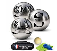 Custamix Boule de Pétanque Personnalisée 720g Triplette avec Cochonnet, Sacoche et Chiffon - Cadeau St Valentin, Fête des Pères & Mères, Anniversaire (Modèle Lettres)