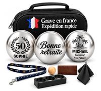 Custamix Boule de Pétanque Personnalisée 720g - Triplette Gravée avec Âge ou Année au Choix - Cadeau Anniversaire et Retraite Homme Femme - Sacoche et Accessoires