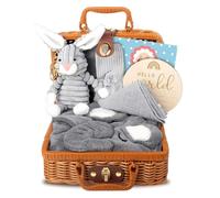 Custamix Coffret Bebe Naissance Personnalisée, Coffret Bébé 7PCS avec Serviette Douce, Bavoir, Peluche, Chaussettes et Cartes Souvenirs, Idée Cadeau Originale pour Nouveau-né et Jeune Parents