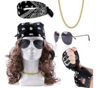 Custamix Lot 6 Déguisements Rock Accessoires - Kit Punk Gothique avec Perruque, Bonnet, Lunettes, Gants et Collier pour Homme, Soirée Années 70 80 90, Fête et Carnaval