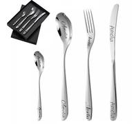 Custom Engraved Cutlery Set, 1 Set of 4 Pieces, Personalized Adult Cutlery Set, Fork, Knife, Spoon and Teaspoon Engraved Stainless Steel Flatware Set (Silver)