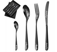 Custom Engraved Cutlery Set, 1 Set of 4 Pieces, Personalized Adult Cutlery Set, Fork, Knife, Spoon and Teaspoon Engraved Stainless Steel Flatware Set (Black)