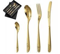 Custom Engraved Cutlery Set, 1 Set of 4 Pieces, Personalized Adult Cutlery Set, Fork, Knife, Spoon and Teaspoon Engraved Stainless Steel Flatware Set (Gold)